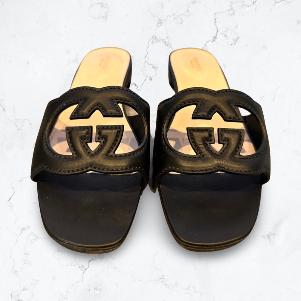 Authentic Gucci Interlocking G Cut-out Leather Slides Sandals 41 US 11 Black